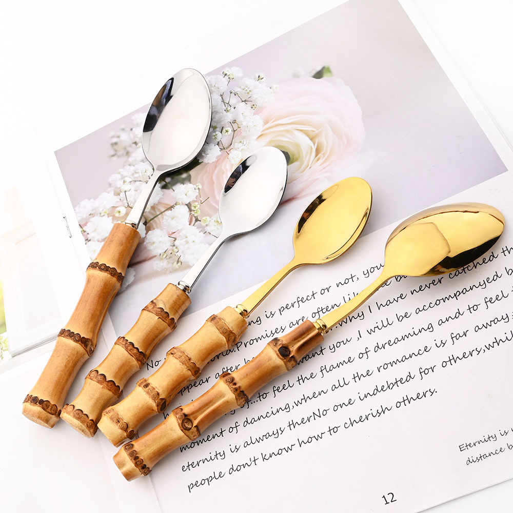 6Pcs Gold Natural Bamboo Handl - Bamboo Cutlery ulasan dan harga